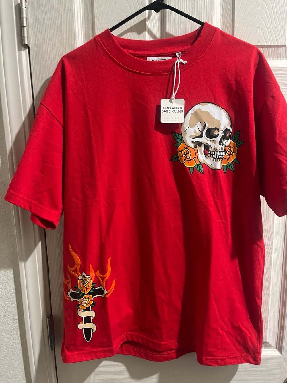 Jaqwin Heavy Weight Drop Shoulder Skull Rose Graphic T-Shirt Red Size L